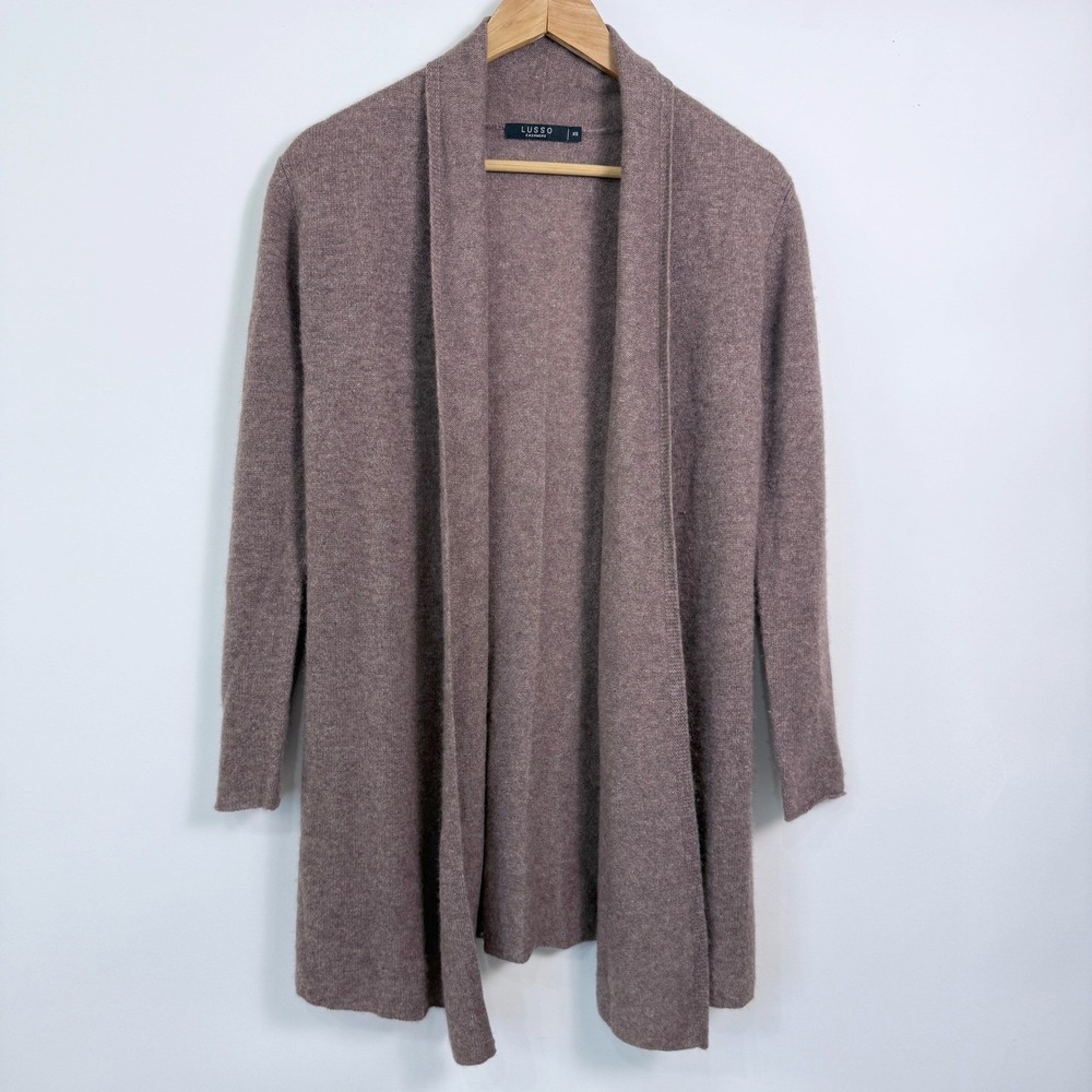 Lusso Cashmere Long Open Front Cardigan Womens XS‎ Light Brown Soft Minimalist